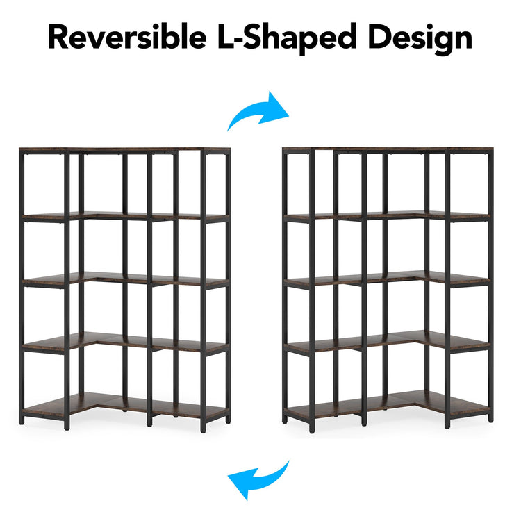 5-Shelf Corner Bookshelf, Reversible L-shaped Corner Etagere Bookcase Tribesigns