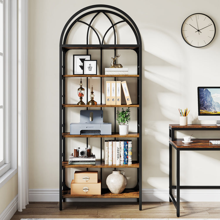 6-Tier Arched Bookshelf, 78.7" Industrial Bookcase Storage Shelving Unit Tribesigns