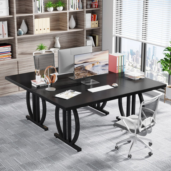 63" Executive Desk, Black Computer Desk with Metal Geometric Base Tribesigns