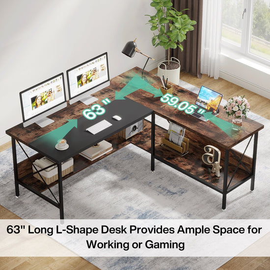 63" L-Shaped Computer Desk, Corner Desk with Bottom Storage Shelves Tribesigns