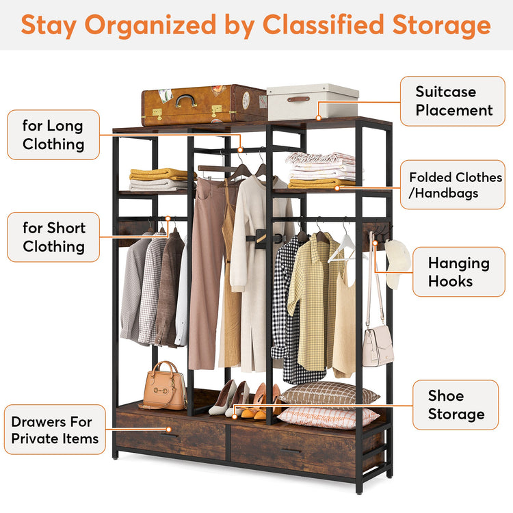 Freestanding Closet Organizer, Garment Rack with 2 Drawers & Shelves Tribesigns