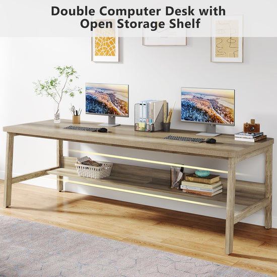 78.7" Two Person Computer Desk with Open Storage Shelf and Metal Legs Tribesigns