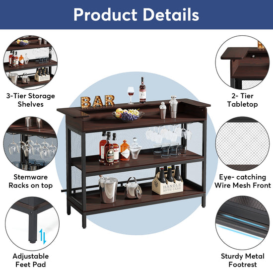 Home Bar Unit, Industrial 3 Tier Liquor Bar Table with Stemware Rack Tribesigns