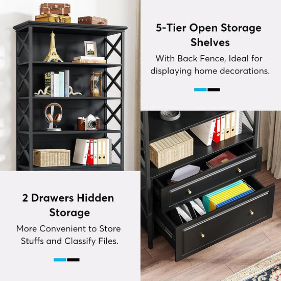Tribesigns Bookshelf, 5-Tier Bookcase Display Shelf Organizer with 2 Drawers Tribesigns