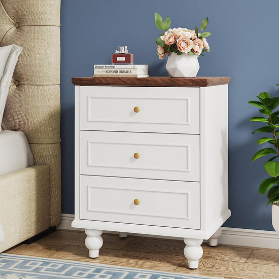 Nightstand, 3-Drawer Bedside Table with Solid Wood Legs Tribesigns