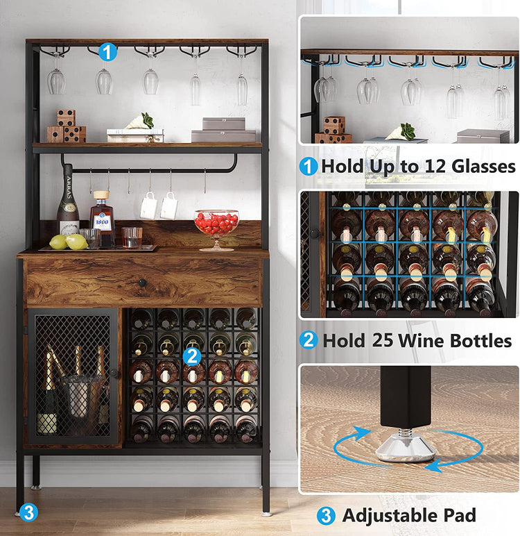Tribesigns Wine Rack, 64" Wine Bar Cabinet with 6 Hooks & Drawer