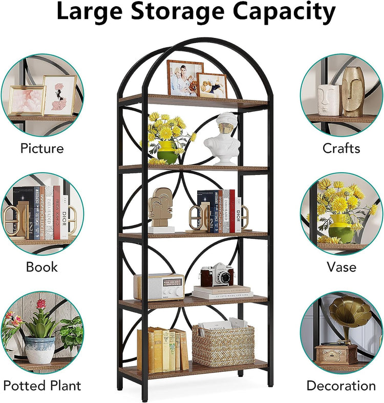 5-Tier Bookshelf, 75" Tall Arched Bookcase Display Rack Tribesigns