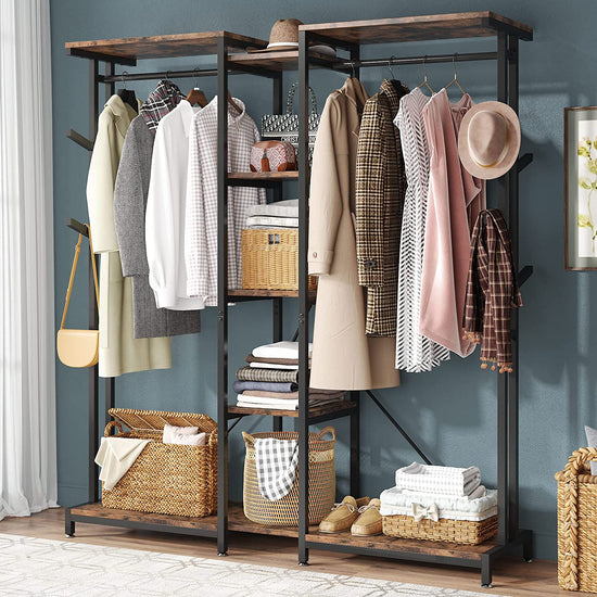 Freestanding Closet Organizer, Large Clothes Rack with Hooks & Shelves Tribesigns