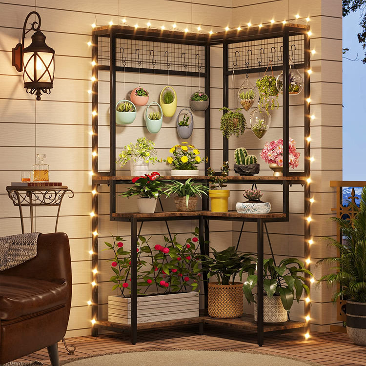 Corner Plant Stand, 67" Tall Flower Shelf with 15 Hanging Hooks Tribesigns
