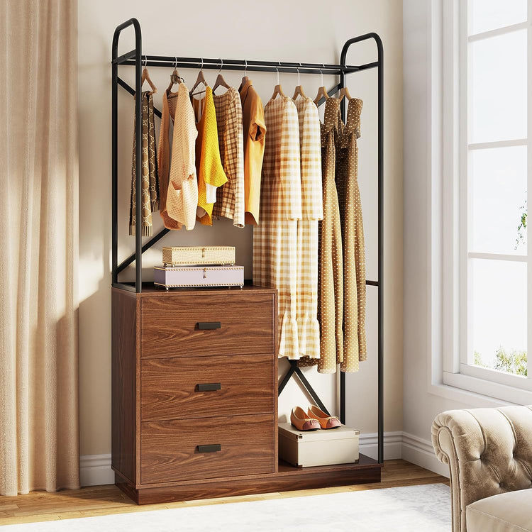 Freestanding Closet Organizer with 3 Drawers and Hanging Rod Tribesigns