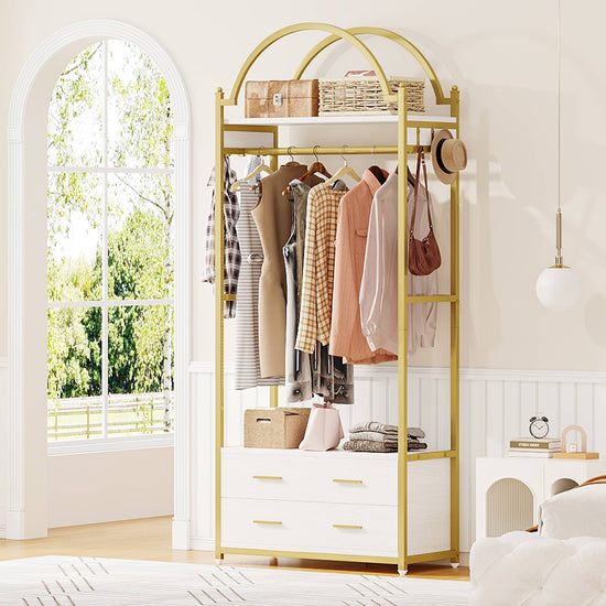 Freestanding Closet Organizer, Modern Garment Rack with Drawers & Shelves Tribesigns