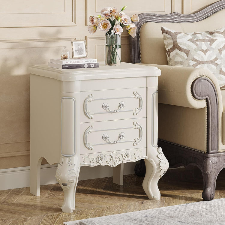 Carved Nightstand, White Bedside Table End Table with 2 Drawers Tribesigns