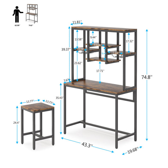 Bar Table Set, Industrial Pub Table with 2 Bar Stools & with Glass Holder Tribesigns