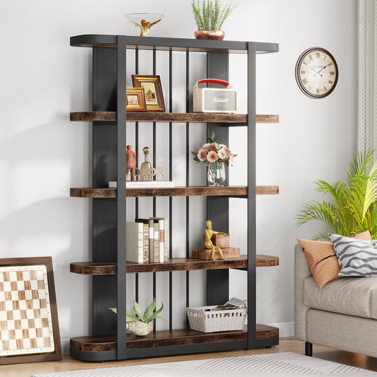 Industrial Bookshelf, 5-Tier Bookcase Open Display Shelf with Thickened Boards Tribesigns