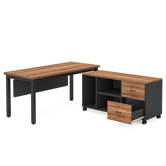 Industrial L-Shaped Desk, 55" Executive Computer Desk with Storage Cabinet Tribesigns