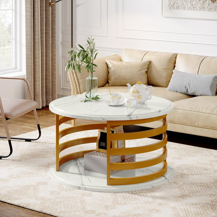Round Coffee Table, 2-Tier Circle Cocktail Table with Faux Marble Top Tribesigns